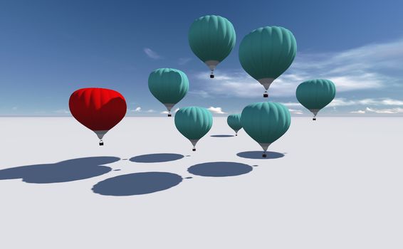 The Leader red hot air balloons against blue sky made in 3d software