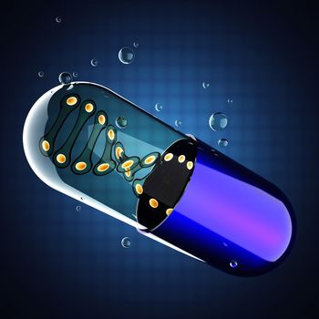 Transparent capsule on blue background