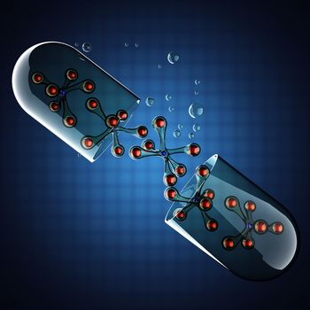 Transparent capsule on blue background