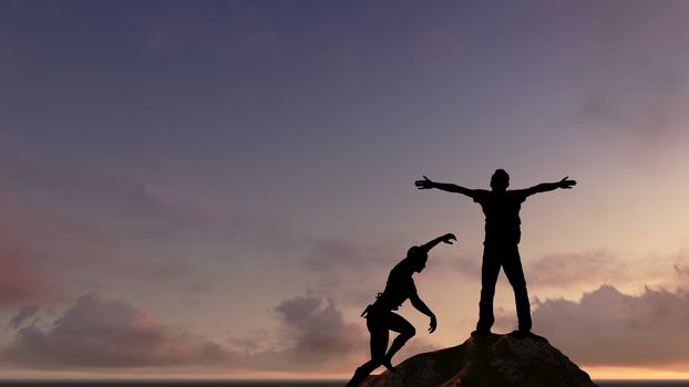 man' s silhouette with her hands raised in the sunset end another cliff