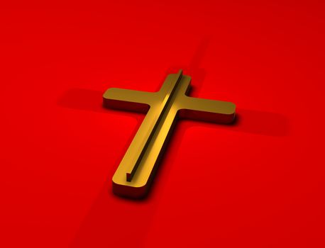 Gold cross on red background  made in 3d software