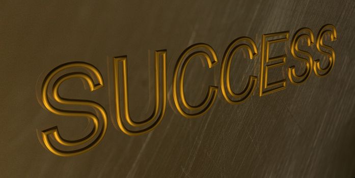 Word Success. The word Success is chiseled by gold letters on a gold wall.