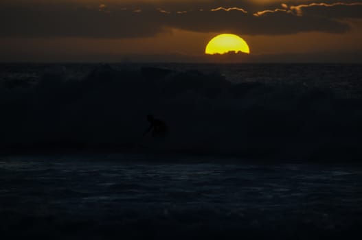 Big Orange Hard Sun at Sunset in the Ocean Canary Island Spain