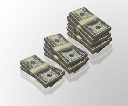 Increasingly higher stacks of 100 dollar bills, representing financial growth.Made in 3d software