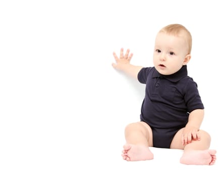 baby showing with hand on white background
