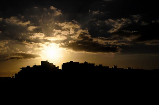 Colorful Sunset over a Town in Canarian Tenerife Island Spain