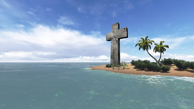 christian cross monument at the ocean made in 3d software