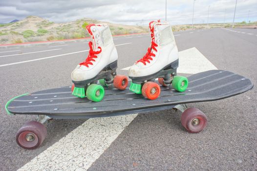 Hdr Picture of Old Vintage White Skate Boot on the Asphalt Sterret