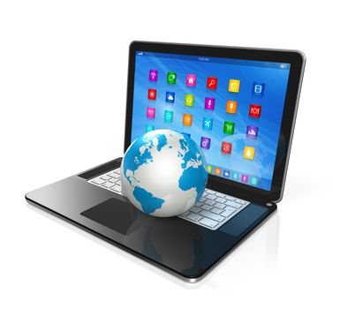 3D Laptop Computer and World Globe - apps icons interface - isolated on white