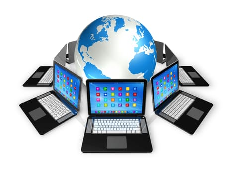 3D Laptop Computers around World Globe - apps icons interface - isolated on white