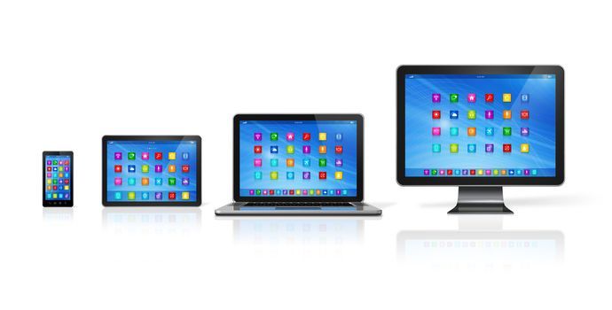 3D Smartphone, Digital Tablet Computer, Laptop and Monitor isolated on white with clipping path