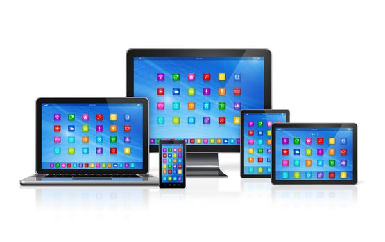 3D Smartphone, Digital Tablet Computer, Laptop and Monitor isolated on white with clipping path