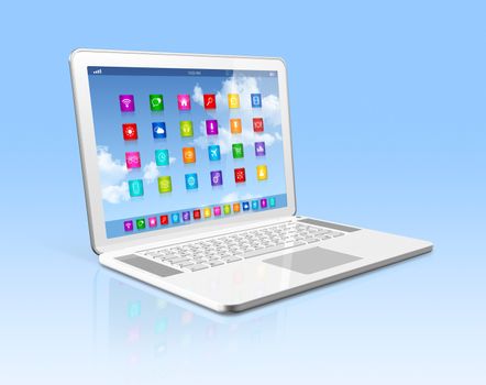 3D Laptop Computer - apps icons interface - isolated with clipping path