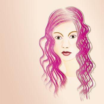 Illustrated portrait of long-haired young woman with purple wavy hair