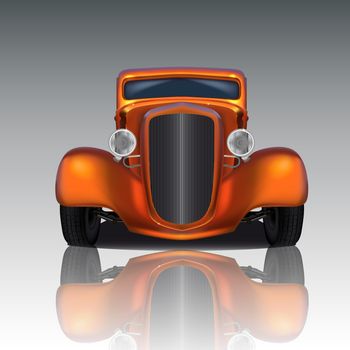 Front view of orange hot rod with reflection