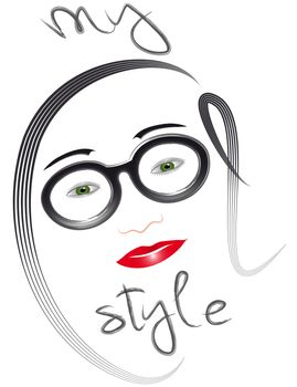 Illustration of a woman's face with glasses bearing the inscription My cool style, cool word is created from hair and glasses, isolated