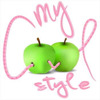 Inscription, My cool style, created the worm, which is to wade through over two green apples