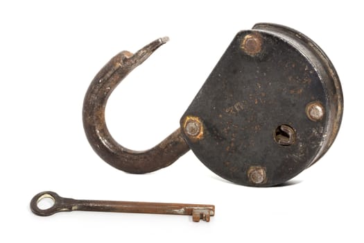 old rusty padlock and key on white background