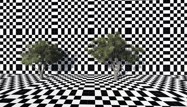 trees  on the checkered wall end floor made in 3d software