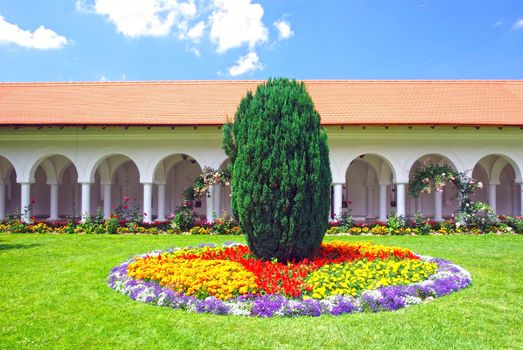 Garden with floral arrangements and ornamental tree.