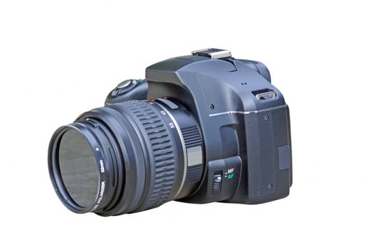 Black photo camera isolated on white.