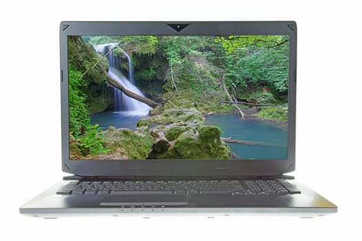 Beautiful waterfall on laptop screen