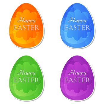 Happy Easter text on four colors labels, easter eggs with spring daisy flowers, holiday seasonal concept, flat design