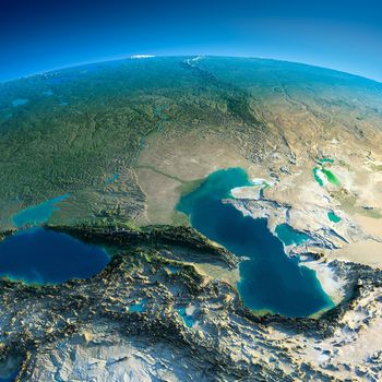 Highly detailed planet Earth in the morning. Exaggerated precise relief lit morning sun. Detailed Earth. Caucasus. Elements of this image furnished by NASA