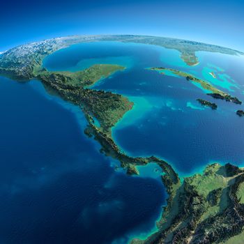 Highly detailed planet Earth in the morning. Exaggerated precise relief lit morning sun. Detailed Earth. The countries of Central America. Elements of this image furnished by NASA