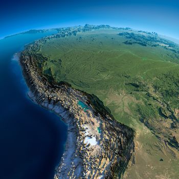 Highly detailed planet Earth in the morning. Exaggerated precise relief lit morning sun. Detailed Earth. Bolivia, Peru, Brazil. Elements of this image furnished by NASA