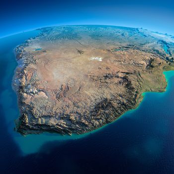 Highly detailed planet Earth in the morning. Exaggerated precise relief lit morning sun. Detailed Earth. South Africa. Elements of this image furnished by NASA