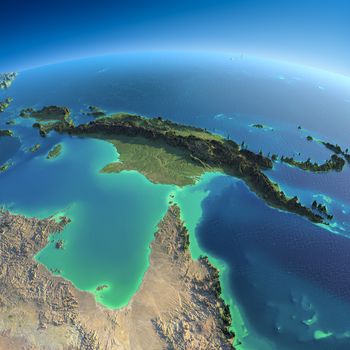 Highly detailed planet Earth in the morning. Exaggerated precise relief lit morning sun. Detailed Earth. Australia and Papua New Guinea. Elements of this image furnished by NASA