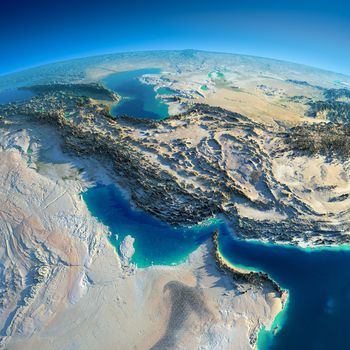 Highly detailed planet Earth in the morning. Exaggerated precise relief lit morning sun. Persian Gulf. Elements of this image furnished by NASA