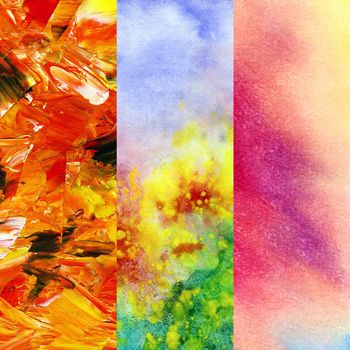 Set abstract artistic backgrounds, hand-draw painting: oil paints, watercolor and pastel