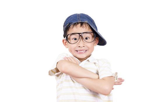 Cute little boy arm folded on white background