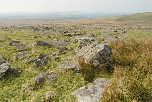 Tors, rock formations on the top of the hills, very common at Dartmoor