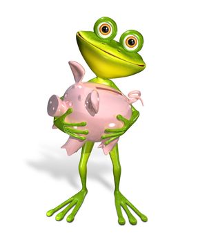 3d illustration merry green frog with piggy bank