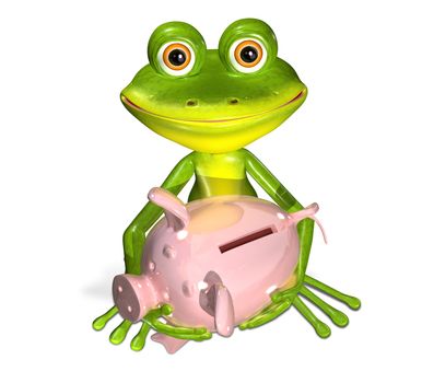 3d illustration merry green frog with piggy bank