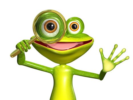 3d illustration merry green frog with magnifying