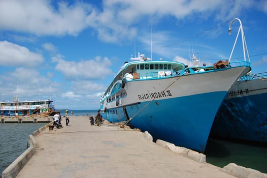 Ship at town wharf, Indonesia