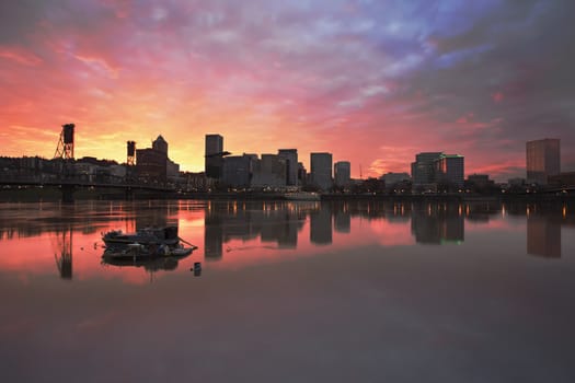 Colorful Sunset Over Portland Oregon Downtown Waterfront City Skyline