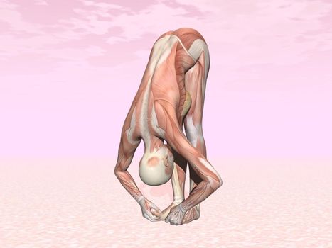 Big toes yoga pose for woman with muscle visible in pink background