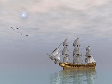 Beautiful detailed old merchant ship on quiet ocean near seagulls and full moon by night