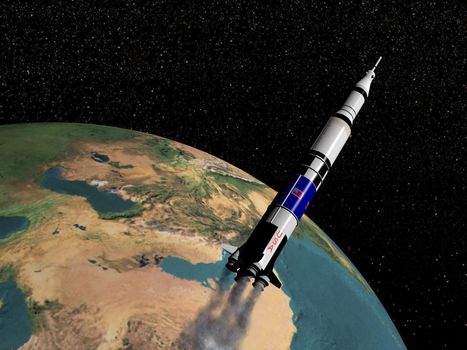 Saturn V spaceship flying upon the earth - Elements of this image furnished by NASA