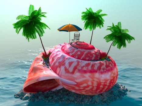 relaxing vacation concept background with seashell, palms, chair and umbrella