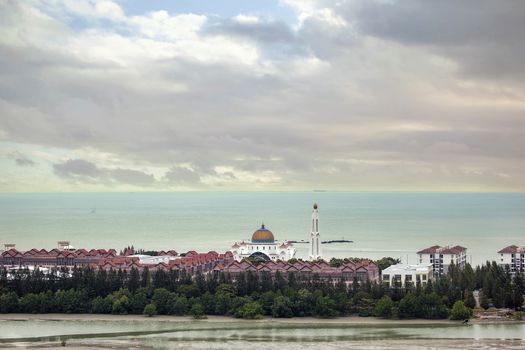 Masjid Selat Melaka Mosque on the Man-made Island of Pulau Melaka by the Straits of Malacca Malaysia Aerial View