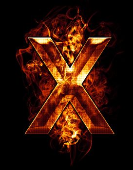 x, illustration of letter with chrome effects and red fire on black background