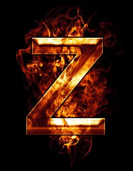 z, illustration of letter with chrome effects and red fire on black background