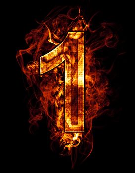 one, illustration of number with chrome effects and red fire on black background