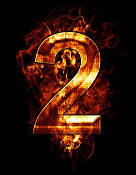 two, illustration of number with chrome effects and red fire on black background